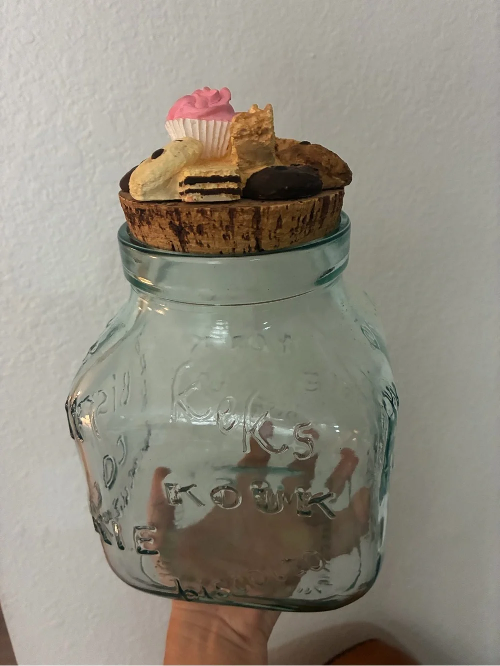 Light blue Glass Cookie Jar with cookie accent Lid - Pink & Neutral Decorative